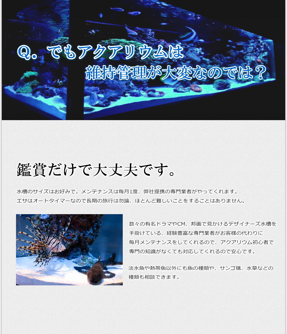 水槽のサイズはお好みで。メンテナンスは毎月1度、弊社提携の専門業者がやってくれます。エサはオートタイマーなので長期の旅行は勿論、ほとんど難しいことをすることはありません。数々の有名ドラマやCM、邦画で見かけるデザイナーズ水槽を手掛けている、経験豊富な専門業者がお客様の代わりに毎月メンテナンスをしてくれるので、アクアリウム初心者で専門の知識がなくても対応してくれるので安心です。淡水魚や熱帯魚以外にも魚の種類や、サンゴ礁、水草などの種類も相談できます。