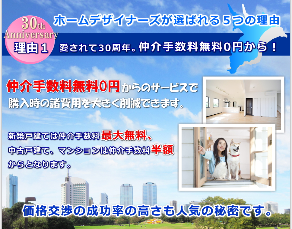 仲介手数料無料0円からのサービスで購入時の諸費用を大きく削減できます。新築戸建ては仲介手数料最大無料、中古戸建、マンションは仲介手数料半額からとなります。